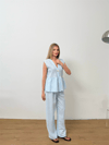 Dökümlü Peplum Bluz ve Pantolon Takımı - Açık Mavi