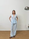Dökümlü Peplum Bluz ve Pantolon Takımı - Açık Mavi