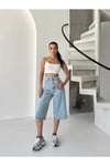 Kadın Açık Yüksek Bel Bol Paça Denim Bermuda Şort ZYN-58799 - Mavi
