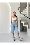 Kadın Açık Yüksek Bel Bol Paça Denim Bermuda Şort ZYN-58799 - Mavi