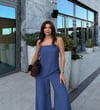 Kadın Askılı Keten Görünümlü Salaş Tulum - İndigo