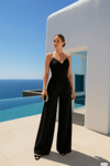 Kadın Askılı Kruvaze Yaka Bol Paça Tulum ZYN-58791 - SİYAH