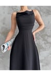KADIN ASKILI PİLELİ LİKRALI DOKUMA AEROBİN KUMAŞ ASTARLI MİDİ ELBİSE ZYN-58637 - SİYAH