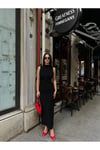 KADIN ASTARLI ARKASI YIRTMAÇLI DRAPE DETAYLI ELBİSE HYN-58045 - SİYAH