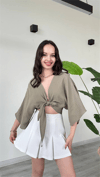 Kadın Bağalamalı Yarasa Kol Crop Bluz - Haki