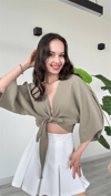 Kadın Bağalamalı Yarasa Kol Crop Bluz - Haki
