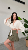 Kadın Bağalamalı Yarasa Kol Crop Bluz - Ekru