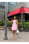 Kadın Balon Etekli Kare Yaka Mini Elbise ZYN-58918 - PEMBE