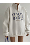Kadın Baskılı Yarım Fermuarlı Oversize Şardonlu Sweatshirt ZYN-58810 - BEYAZ