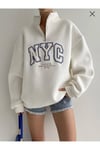 Kadın Baskılı Yarım Fermuarlı Oversize Şardonlu Sweatshirt ZYN-58810 - BEYAZ