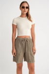 Kadın Beli Lastikli Bağcıklı Rahat Kesim Şort - Haki