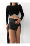 Kadın Beli Zincir Ve Taş Detaylı Crop Bluz Zyn-58404 - Siyah