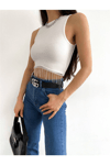Kadın Beli Zincir Ve Taş Detaylı Halter Yaka Kaşkorse Crop Bluz Zyn-58403 - BEYAZ