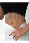 Kadın Beli Zincir Ve Taş Detaylı Halter Yaka Kaşkorse Crop Bluz Zyn-58403 - Siyah