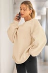KADIN BİSİKLET YAKA BASİC OVERSİZE SWEATSHİRT - EKRU