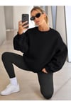 KADIN BİSİKLET YAKA BASİC OVERSİZE SWEATSHİRT - SİYAH