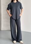 Kadın Bisiklet Yaka Taş İşlemeli Oversize T-Shirt ve Pantolon Takımı - GRİ