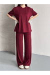 Kadın Bisiklet Yaka Taş İşlemeli Oversize T-Shirt ve Pantolon Takımı - HYN-00000879-006 - BORDO