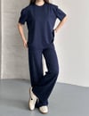 Kadın Bisiklet Yaka Taş İşlemeli Oversize T-Shirt ve Pantolon Takımı - LACİVERT