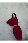 KADIN BİSİKLET YAKA YIRTIK DETAYLI BLUZ VE YIRTMAÇLI ETEK ALT ÜST TRİKO TAKIM ZYN-58723 - BORDO