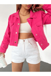 Kadın Çift Cepli Çıtçıt Düğmeli Eteği Püsküllü Crop Denim Ceket Zyn-58392 - FUŞYA