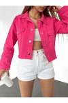 Kadın Çift Cepli Çıtçıt Düğmeli Eteği Püsküllü Crop Denim Ceket Zyn-58392 - FUŞYA