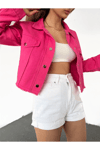 Kadın Çift Cepli Çıtçıt Düğmeli Eteği Püsküllü Crop Denim Ceket Zyn-58392 - FUŞYA