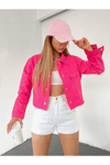 Kadın Çift Cepli Çıtçıt Düğmeli Eteği Püsküllü Crop Denim Ceket Zyn-58392 - FUŞYA