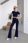 Kadın Crop Bluz Tayt Basic Takım ZYN-58842 - LACİVERT