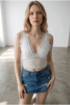 Kadın Crop Dantel V Yaka Bralet Bluz ZYN-58935 - BEYAZ