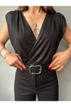 Kadın Derin V Yaka Saten Görünümlü Vatkalı Bodysuit HYN-58048 - SİYAH