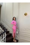 KADIN DERİN YIRTMAÇLI ETEK VE BİSİKLET YAKA CROP KAZAK İKİLİ ALT ÜST TRİKO TAKIM ZYN-58604 - PEMBE