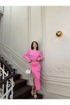 KADIN DERİN YIRTMAÇLI ETEK VE BİSİKLET YAKA CROP KAZAK İKİLİ ALT ÜST TRİKO TAKIM ZYN-58604 - PEMBE