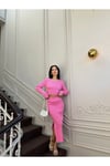 KADIN DERİN YIRTMAÇLI ETEK VE BİSİKLET YAKA CROP KAZAK İKİLİ ALT ÜST TRİKO TAKIM ZYN-58604 - PEMBE