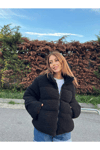 Kadın Dik Yaka Astarlı Şişme Peluş Mont Zyn-58389 - Siyah