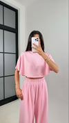 Kadın Dökümlü Crop Tişört ve Pantolon Takımı - Pembe