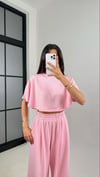 Kadın Dökümlü Crop Tişört ve Pantolon Takımı - Pembe