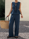 Kadın Dökümlü Peplum Bluz ve Pantolon Takımı - Lacivert