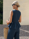 Kadın Dökümlü Peplum Bluz ve Pantolon Takımı - Lacivert