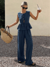 Kadın Dökümlü Peplum Bluz ve Pantolon Takımı - Lacivert