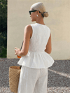 Kadın Dökümlü Peplum Bluz ve Pantolon Takımı - Beyaz