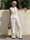 Kadın Dökümlü Peplum Bluz ve Pantolon Takımı - Beyaz