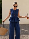 Kadın Dökümlü Peplum Bluz ve Pantolon Takımı - Lacivert