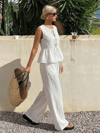 Kadın Dökümlü Peplum Bluz ve Pantolon Takımı - Beyaz