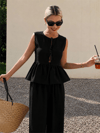 Kadın Dökümlü Peplum Bluz ve Pantolon Takımı - Siyah