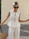 Kadın Dökümlü Peplum Bluz ve Pantolon Takımı - Beyaz