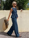 Kadın Dökümlü Peplum Bluz ve Pantolon Takımı - Lacivert
