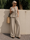 Kadın Dökümlü Peplum Bluz ve Pantolon Takımı - Bej