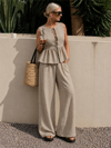 Kadın Dökümlü Peplum Bluz ve Pantolon Takımı - Bej