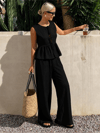 Kadın Dökümlü Peplum Bluz ve Pantolon Takımı - Siyah
